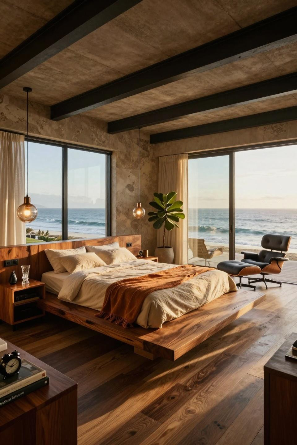 Mid century modern apartment bedroom with custom teak platform bed overlooking Pacific Ocean