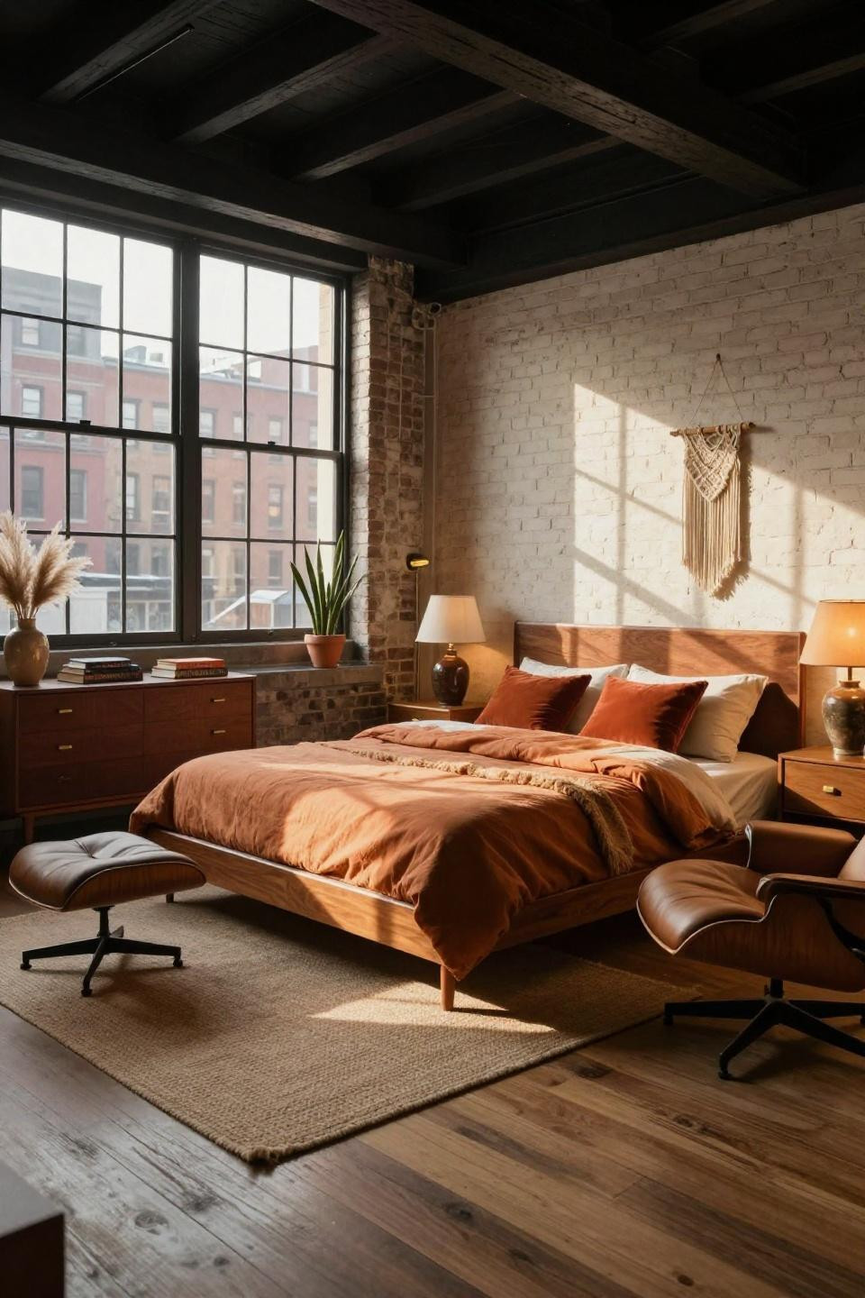 MCM bedroom ideas featuring teak platform bed in Tribeca loft with exposed brick and golden hour light