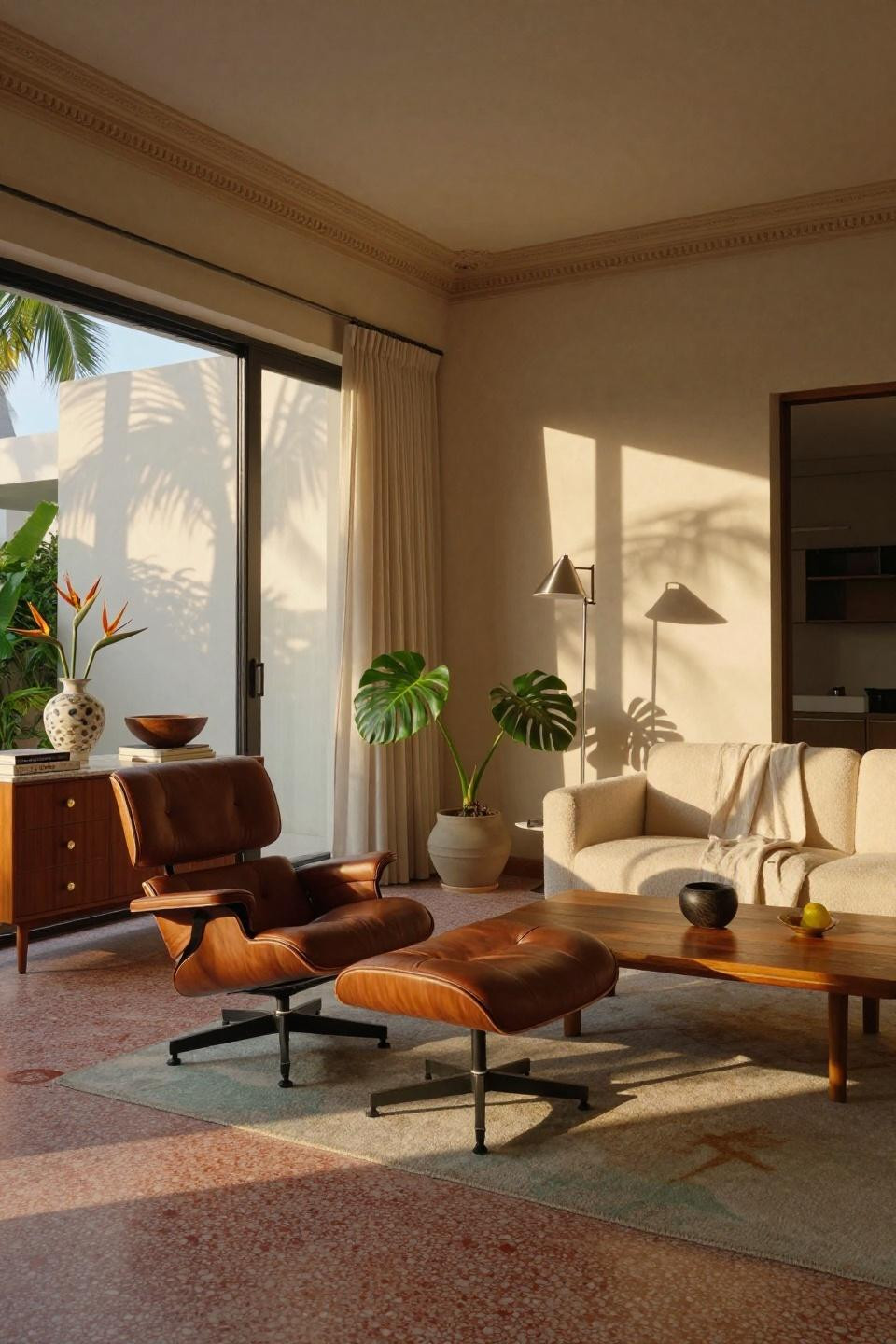 Mcm living room with original 1940s terrazzo floors and George Nelson platform bench