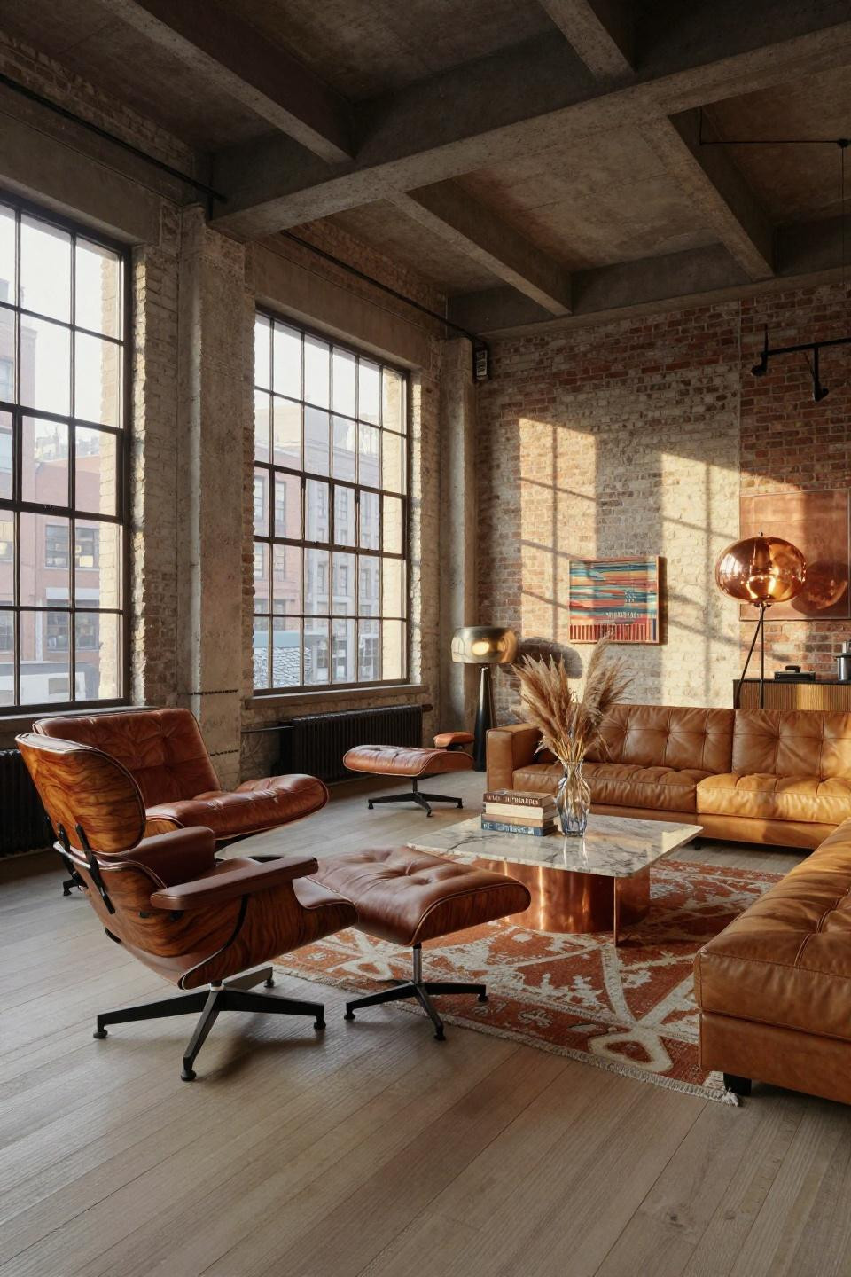 Mcm living room with walnut burl Eames chair and book-matched quartzite table top