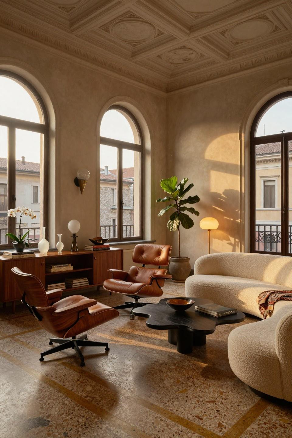 Mcm living room in restored palazzo with museum-quality Eames chair and Venetian terrazzo floors