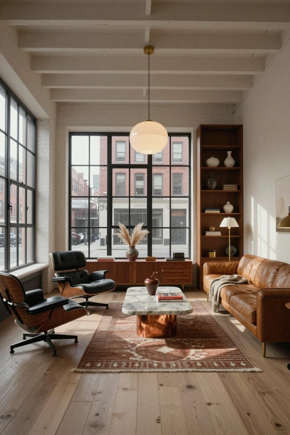 Mcm living room with quartzite coffee table and Florence Knoll camel leather sofa