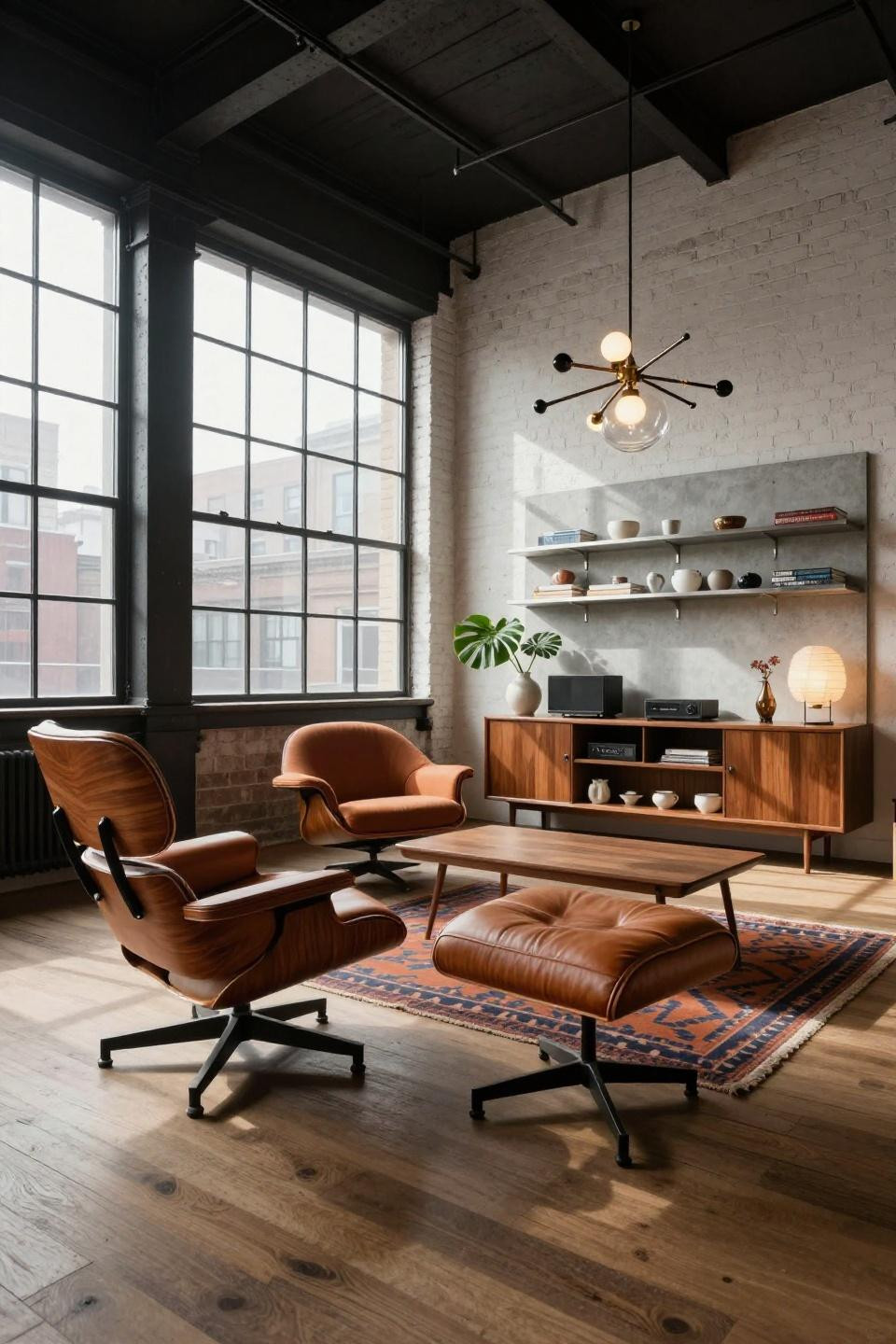 Mcm living room with Eames lounge chair and Knoll Womb chair in industrial warehouse conversion