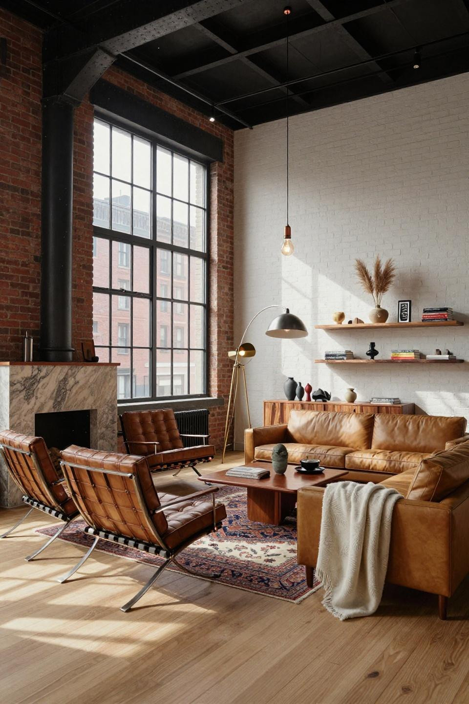Mcm living room with Barcelona chairs and quartzite fireplace in SoHo industrial loft
