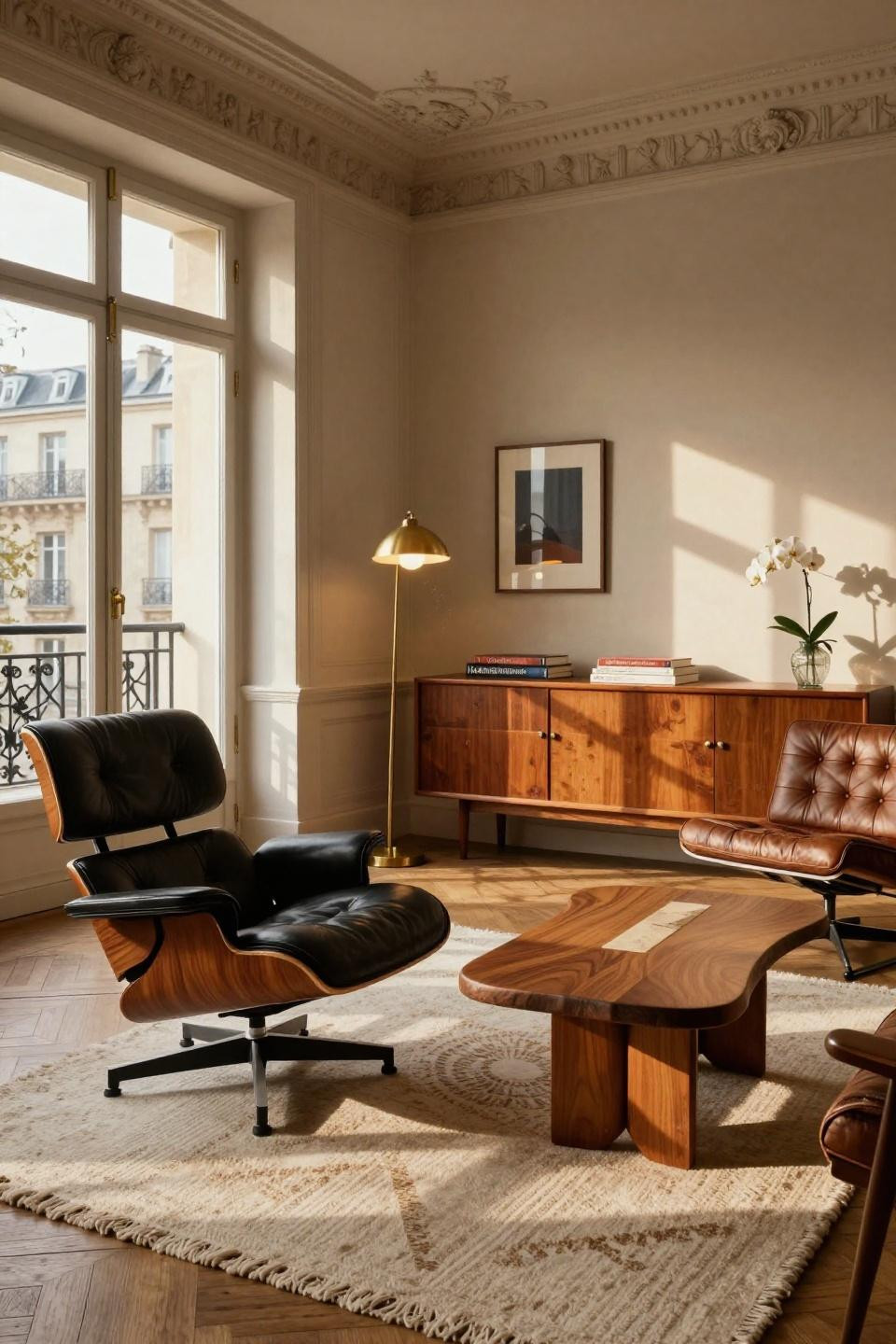 Mid century modern home with museum-quality 1956 Eames chair and Nakashima walnut coffee table