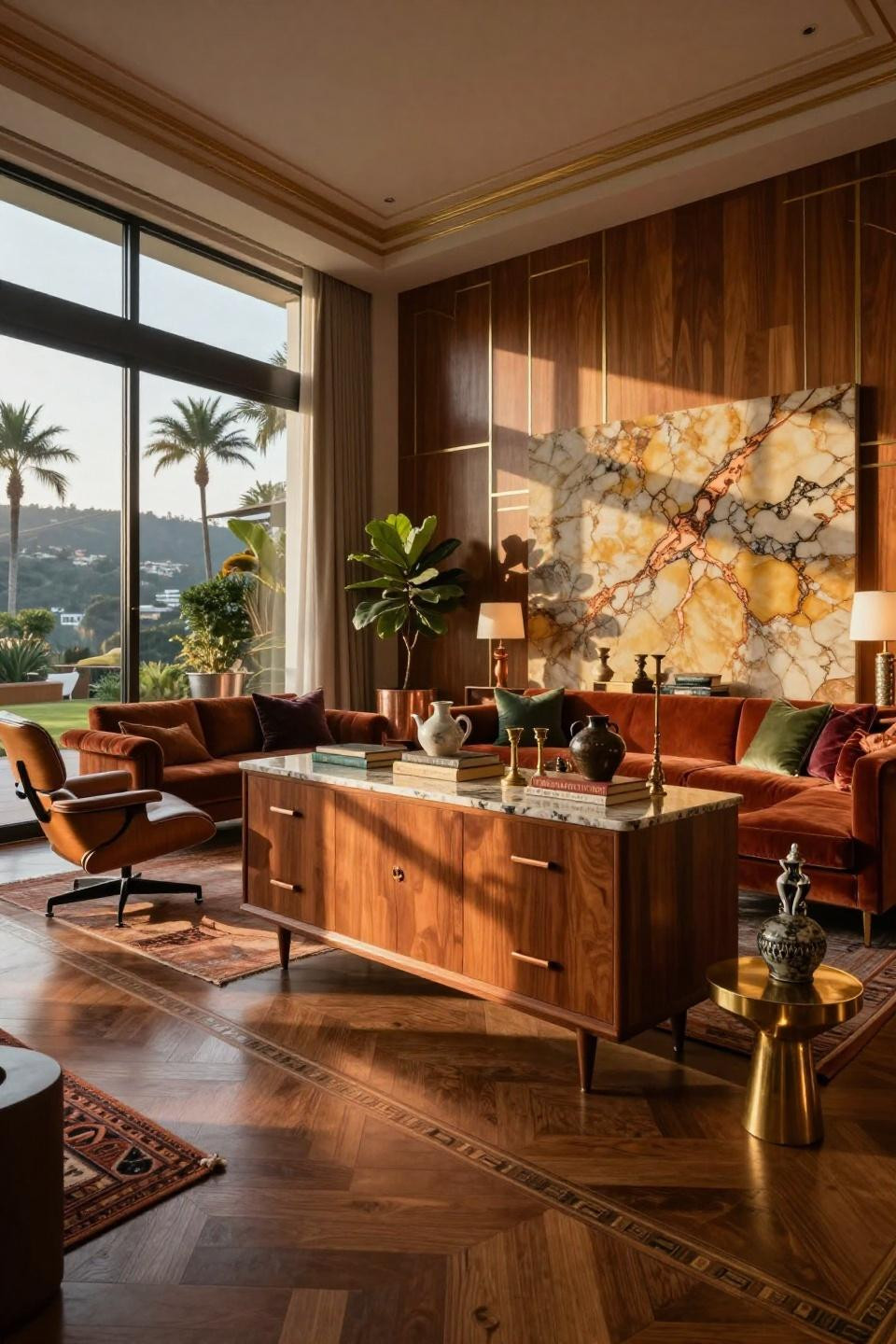 Earthy living room with quartzite accent wall and aged copper fixtures in Trousdale Estates villa