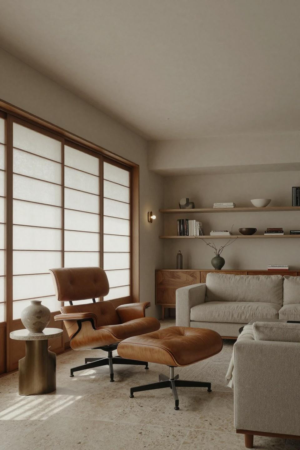 Midcentury interior with travertine floors and Eames lounge chair in zen-like Japanese townhouse