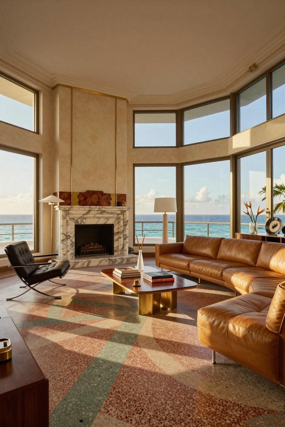 Midcentury living rooms with restored 1940s terrazzo flooring and marble fireplace in Miami penthouse