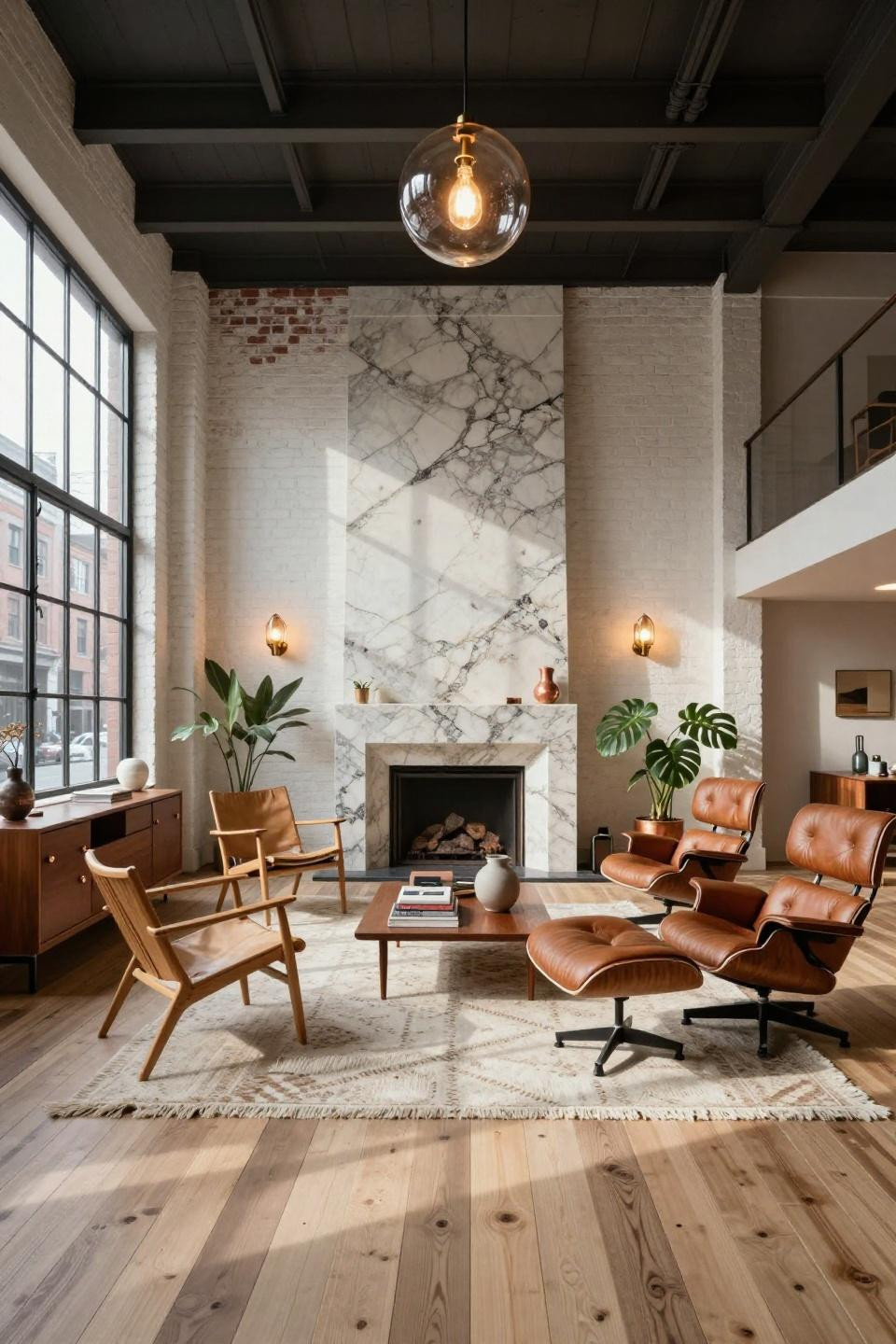Mid century modern apartment with quartzite fireplace surround and Hans Wegner lounge chairs