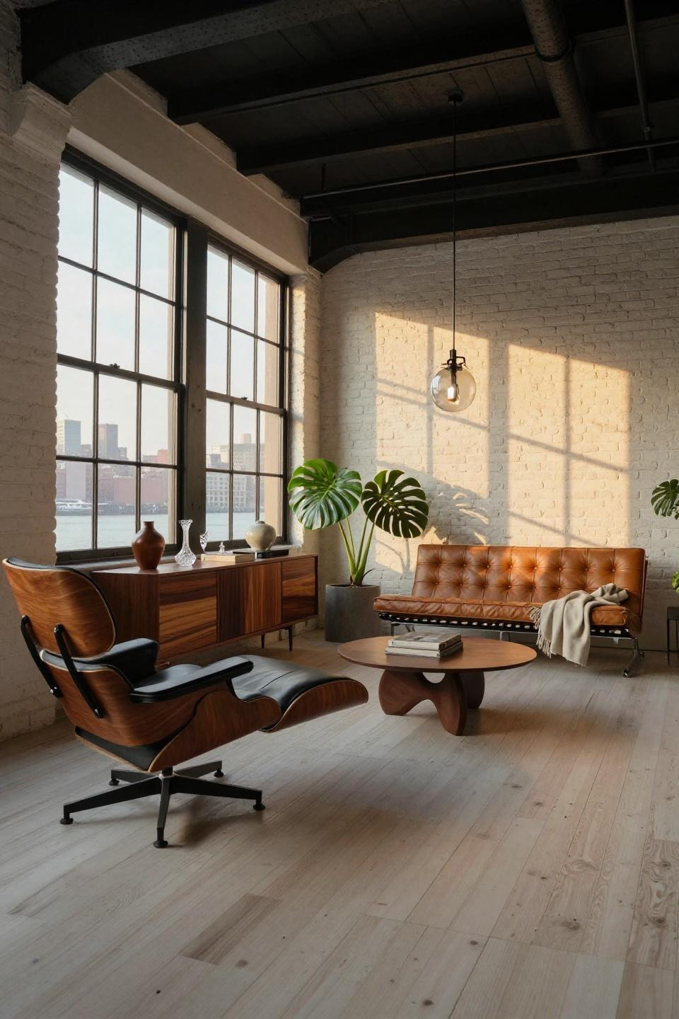 Mid century modern house interior with Eames lounge chair and exposed white painted brick walls