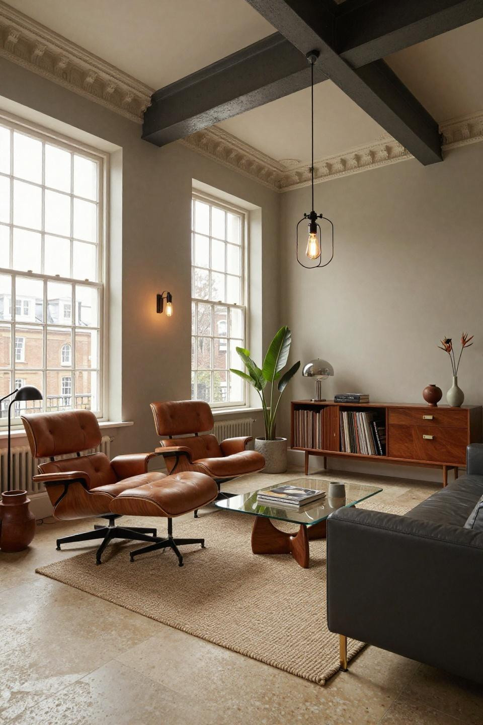 Mid century living room decor in Georgian townhouse with exposed steel I-beam and French limestone floors