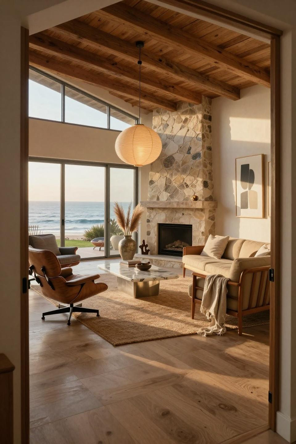 Eclectic living room with mid-century furniture and Pacific Ocean views through floor-to-ceiling glass