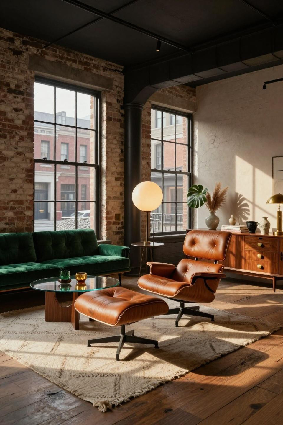Mid century modern living room with Eames lounge chair in cognac leather and emerald velvet Barcelona daybed