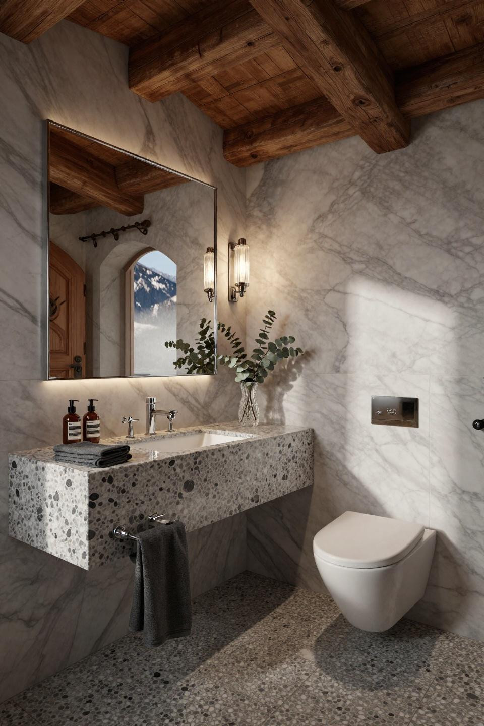 Powder bathroom ideas with polished chrome terrazzo vanity in alpine chalet