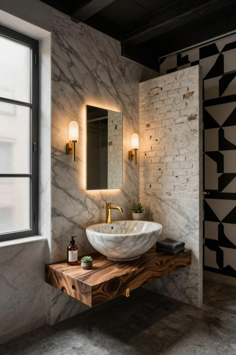 Powder bathroom ideas featuring sculptural marble sink on floating walnut console