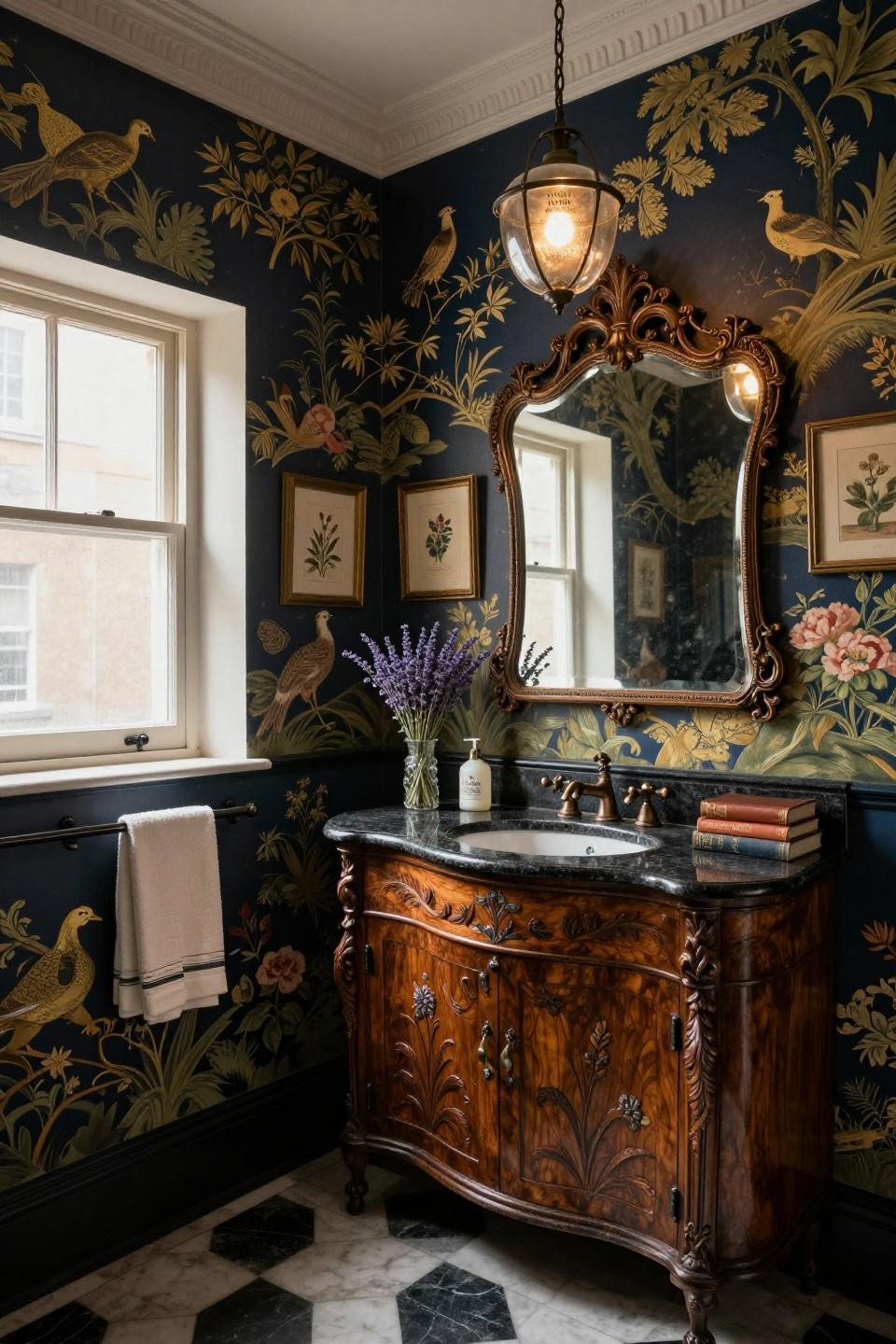 Powder bathroom ideas with de Gournay navy chinoiserie and carved mahogany vanity
