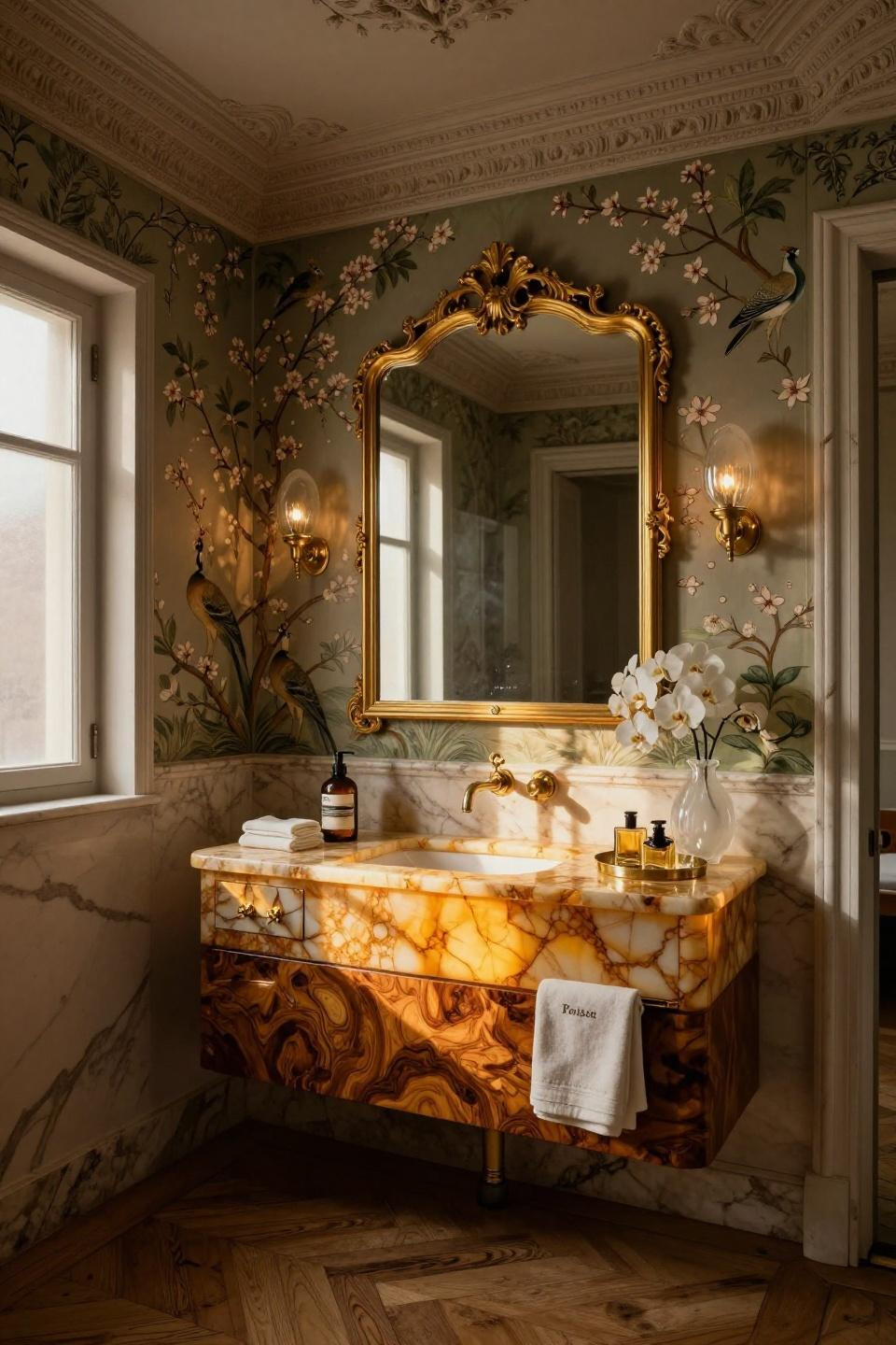 Powder bathroom ideas featuring backlit honey onyx countertop with de Gournay wallpaper