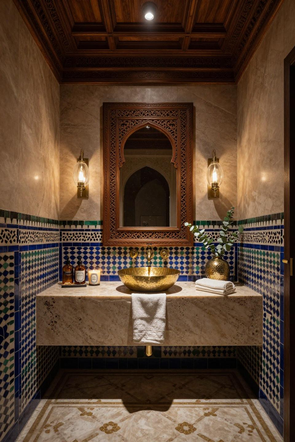 Powder room bathroom with hand-carved zellige tiles and museum-quality brass basin