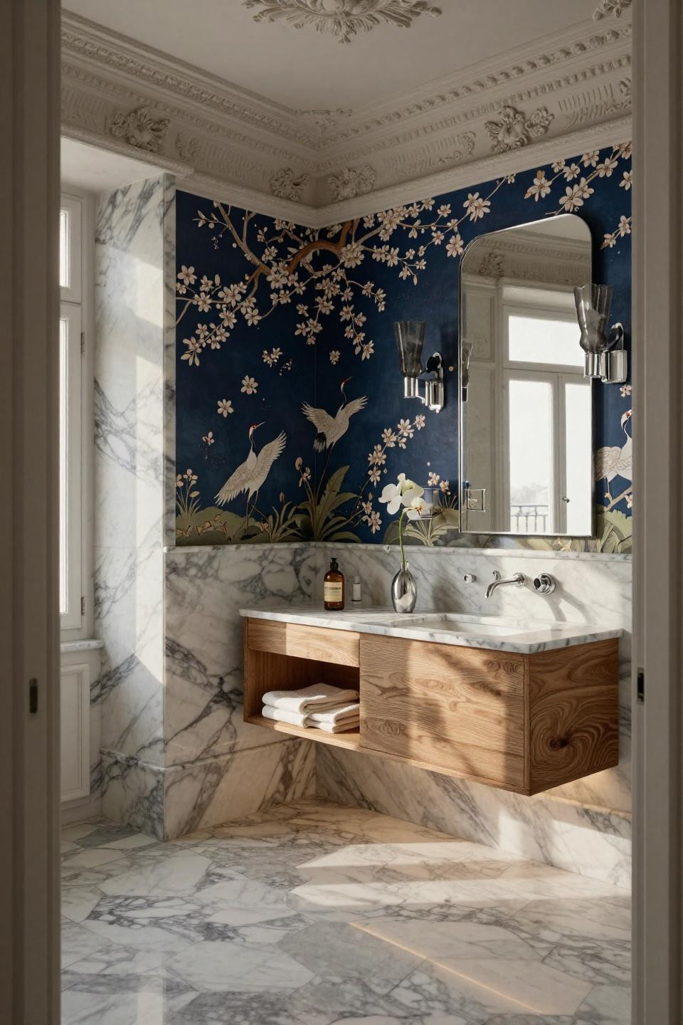 Toilet room ideas with dramatic chinoiserie wallpaper and platinum fixtures