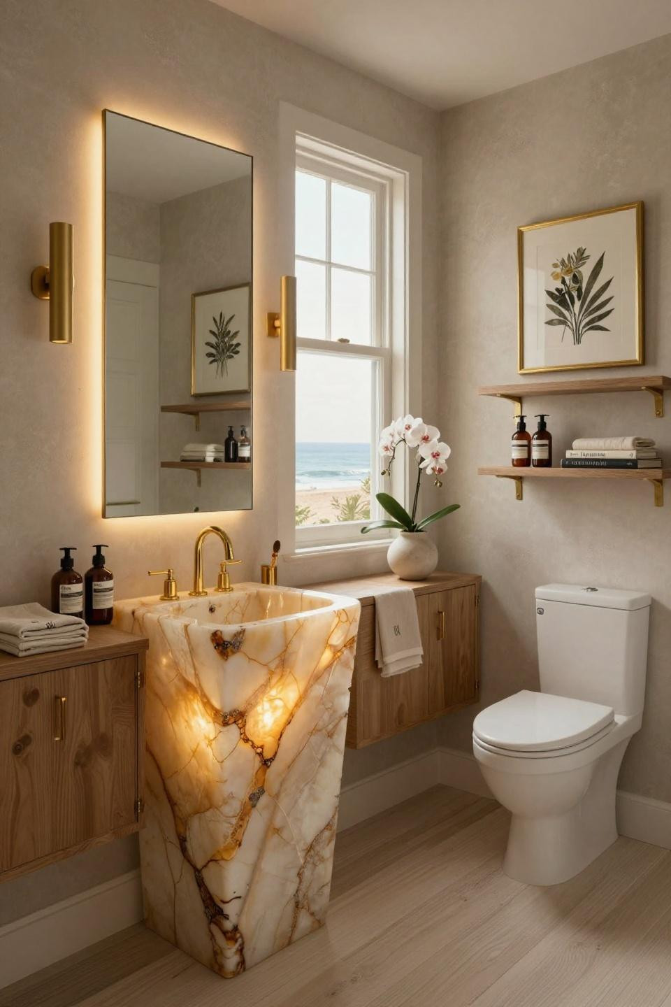 Statement powder room with backlit honey onyx pedestal sink and polished gold fixtures