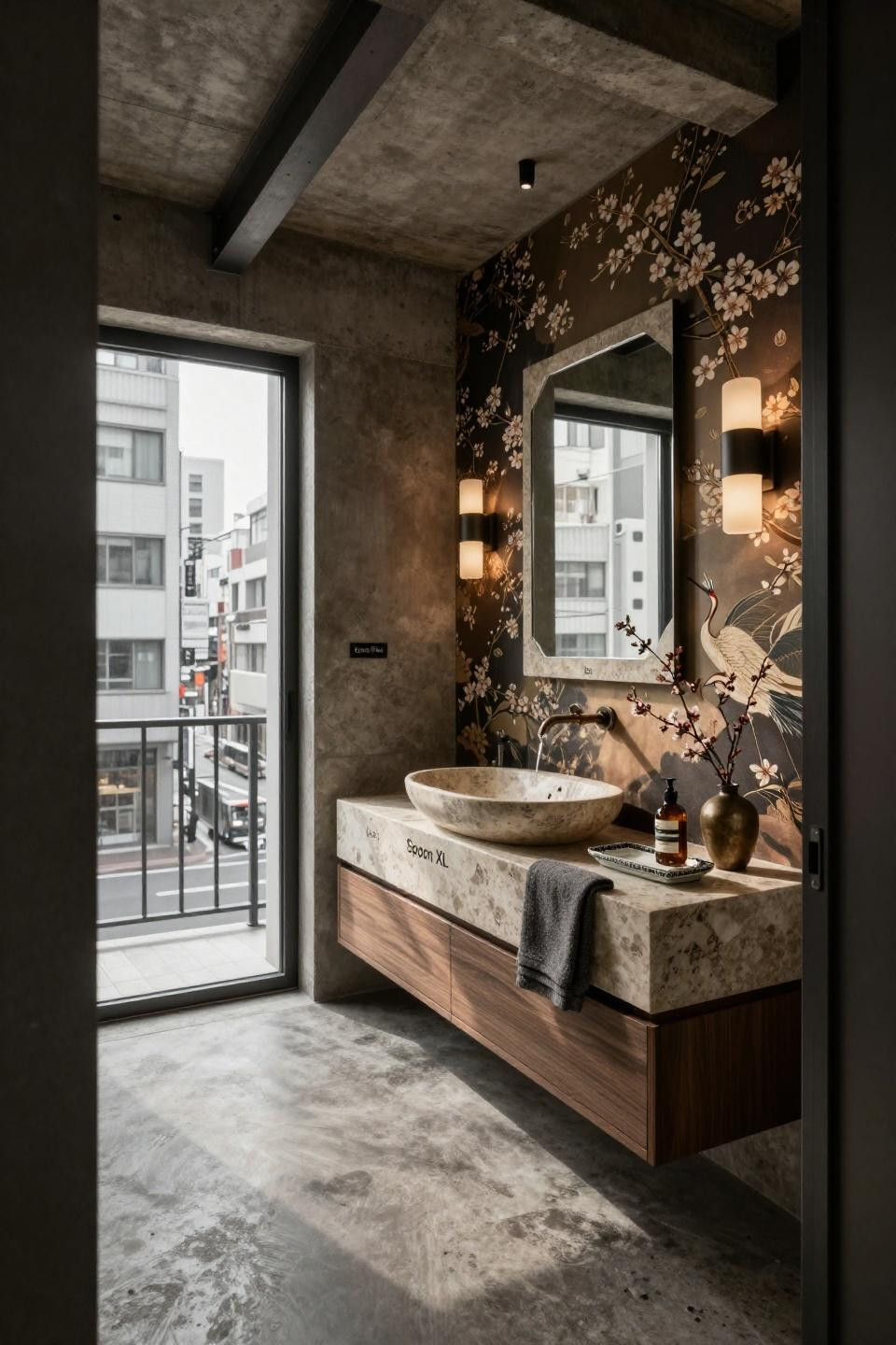 Small powder room design with sculptural travertine sink and industrial steel window