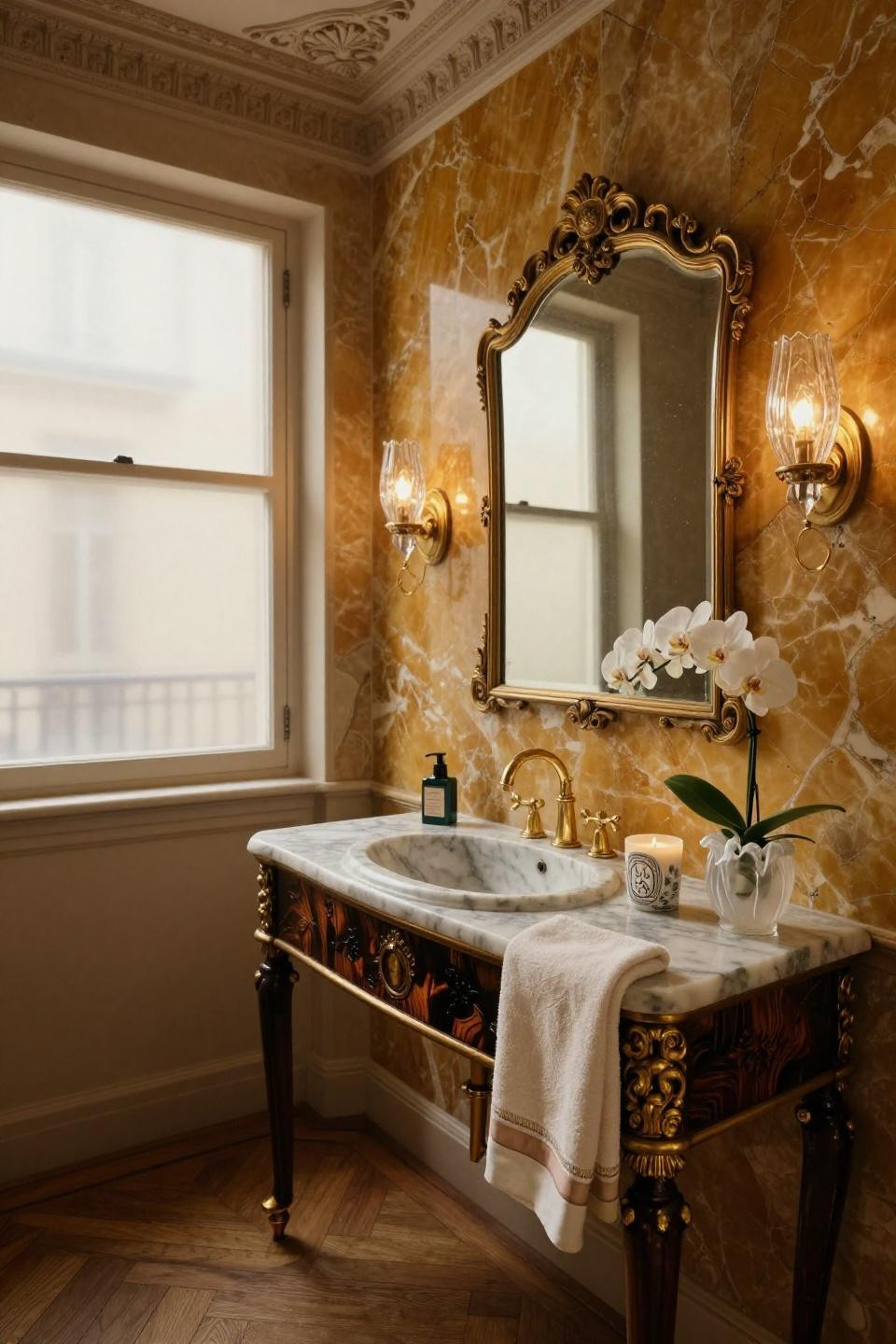 Small powder rooms showcasing backlit honey onyx with hand-carved ebony vanity