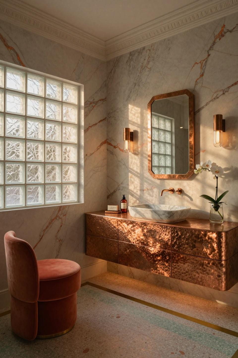Half bathroom design featuring hand-hammered copper vanity and coral terrazzo floors