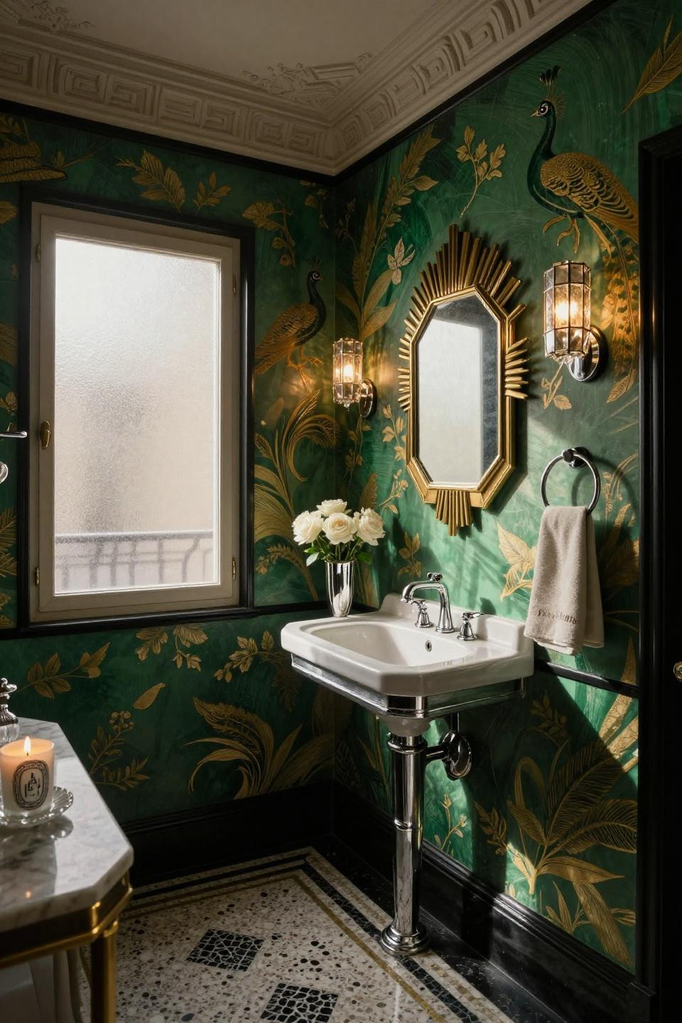 Powder room inspiration with de Gournay emerald chinoiserie wallpaper and geometric fixtures