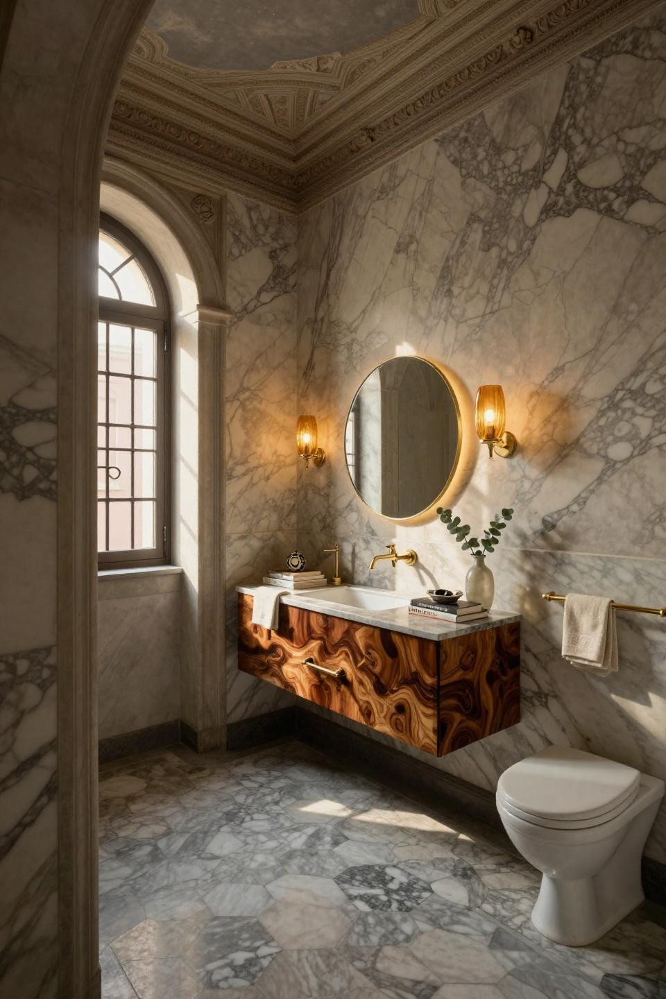 Powder bath ideas showcasing book-matched Calacatta Gold marble walls in historic palazzo