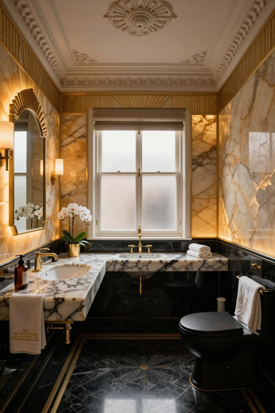 Half bathroom inspiration featuring backlit onyx floating vanity with gold leaf frame