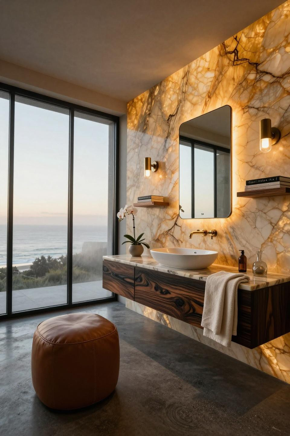 Powder room ideas with backlit honey onyx panels and floating ebony vanity