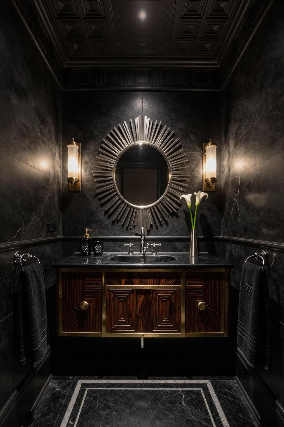 Statement powder room with Art Deco sunburst mirror and midnight black porcelain walls