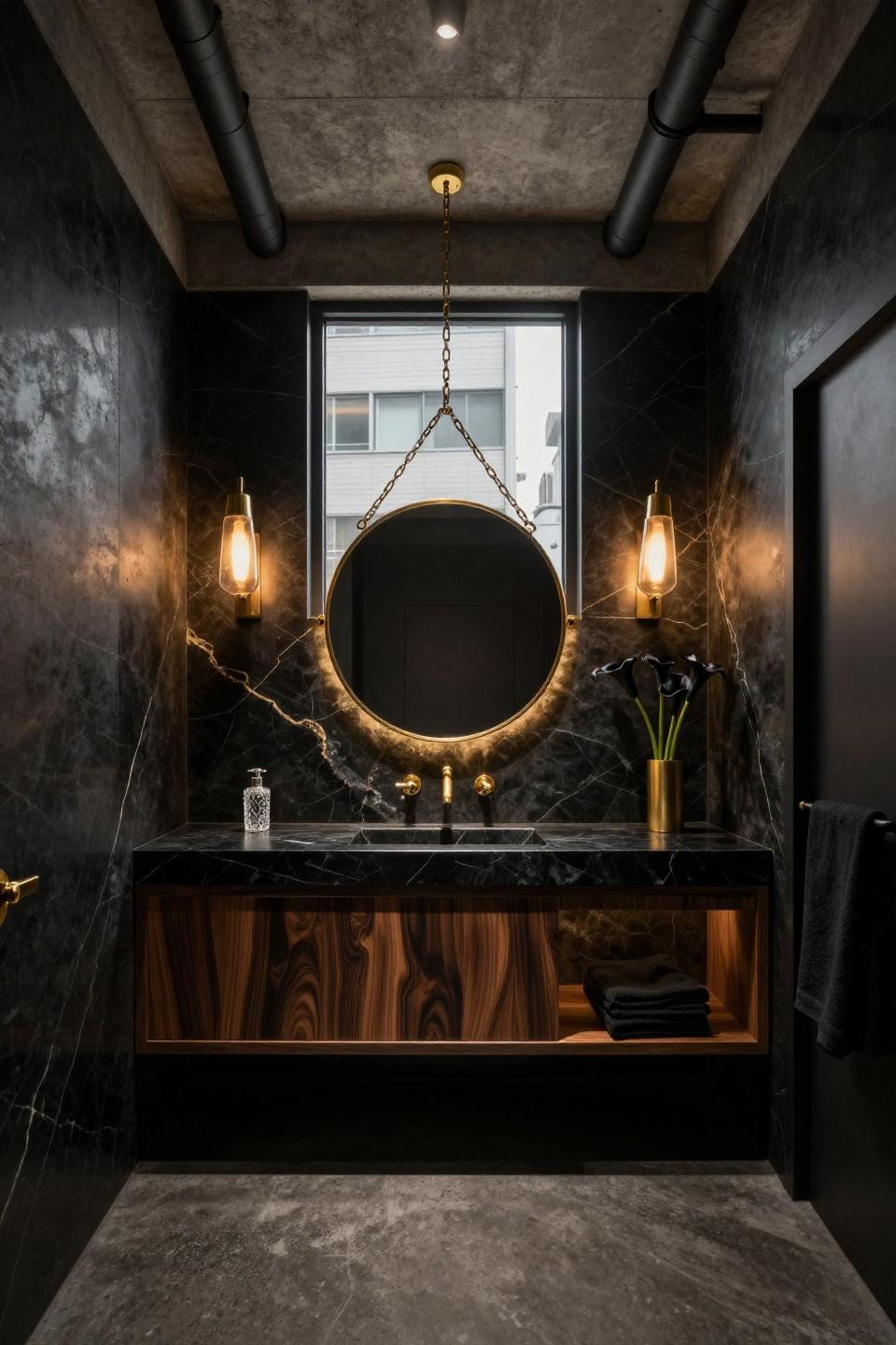 Moody small bathroom with exposed concrete ceiling and backlit onyx feature wall