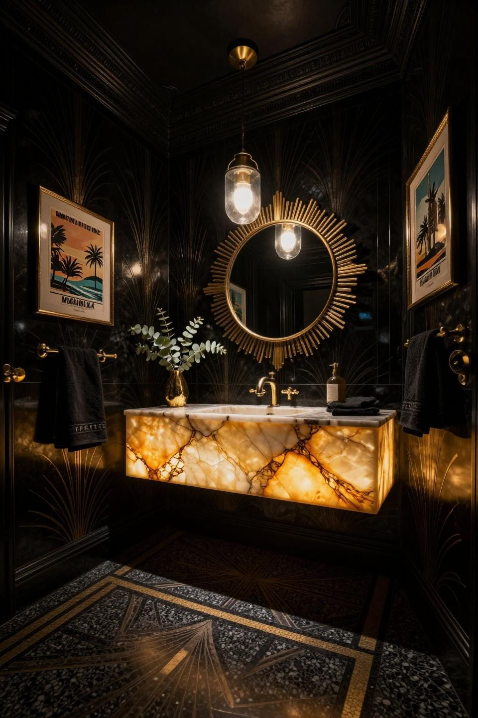 Dramatic powder room low angle showing backlit honey onyx vanity and brass terrazzo floor