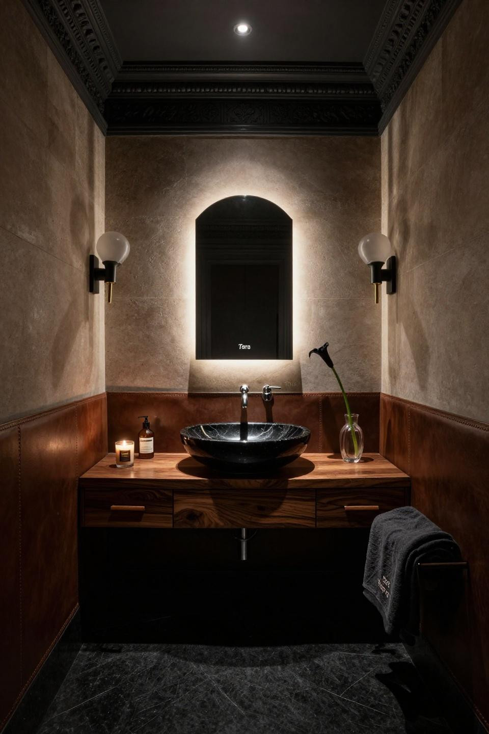 Moody powder bath overhead view with rosewood vanity and leather wainscoting