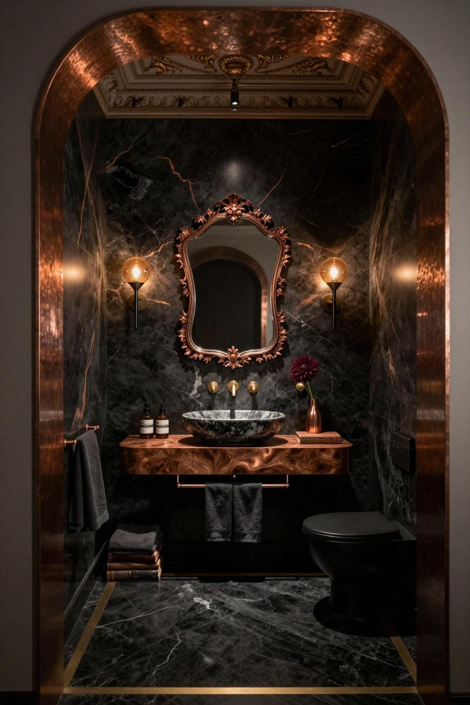 Dark powder room through doorway showing quartzite walls with copper veining