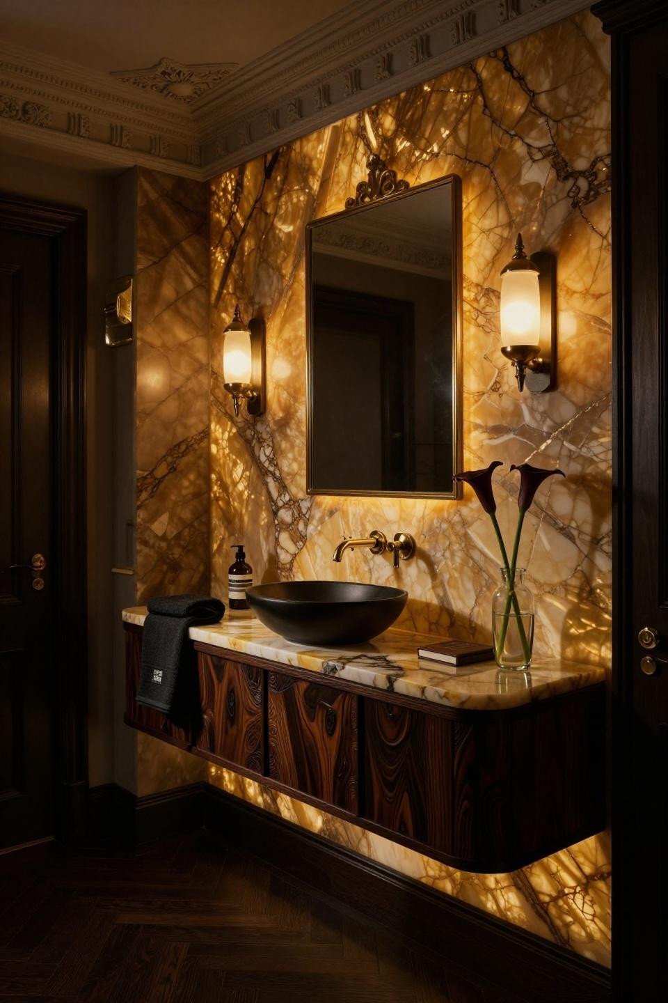 Moody master bath with hand-carved ebony vanity and 24k gold-plated fixtures