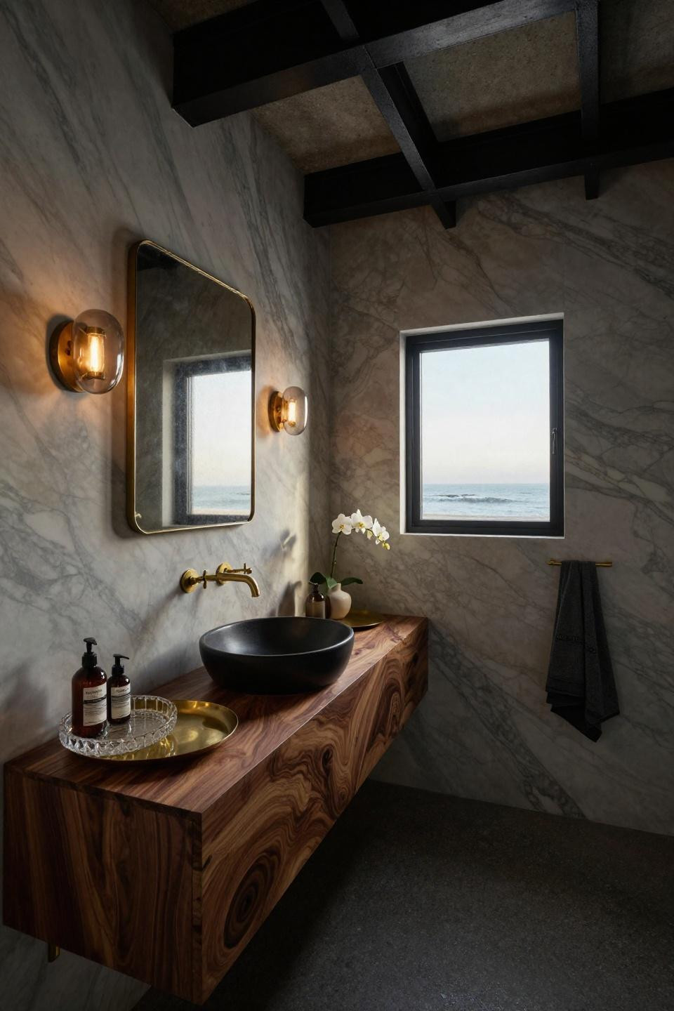 Moody master bath corner view with walnut burl vanity and polished concrete floors