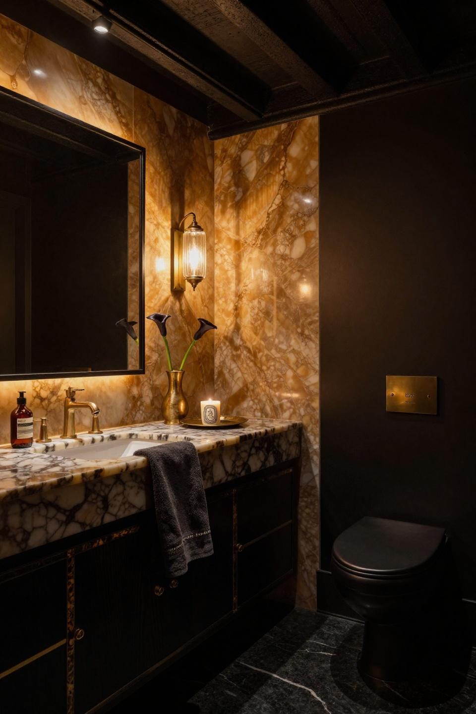 Dark half bathroom with backlit onyx vanity and exposed cast iron beams in Tribeca loft