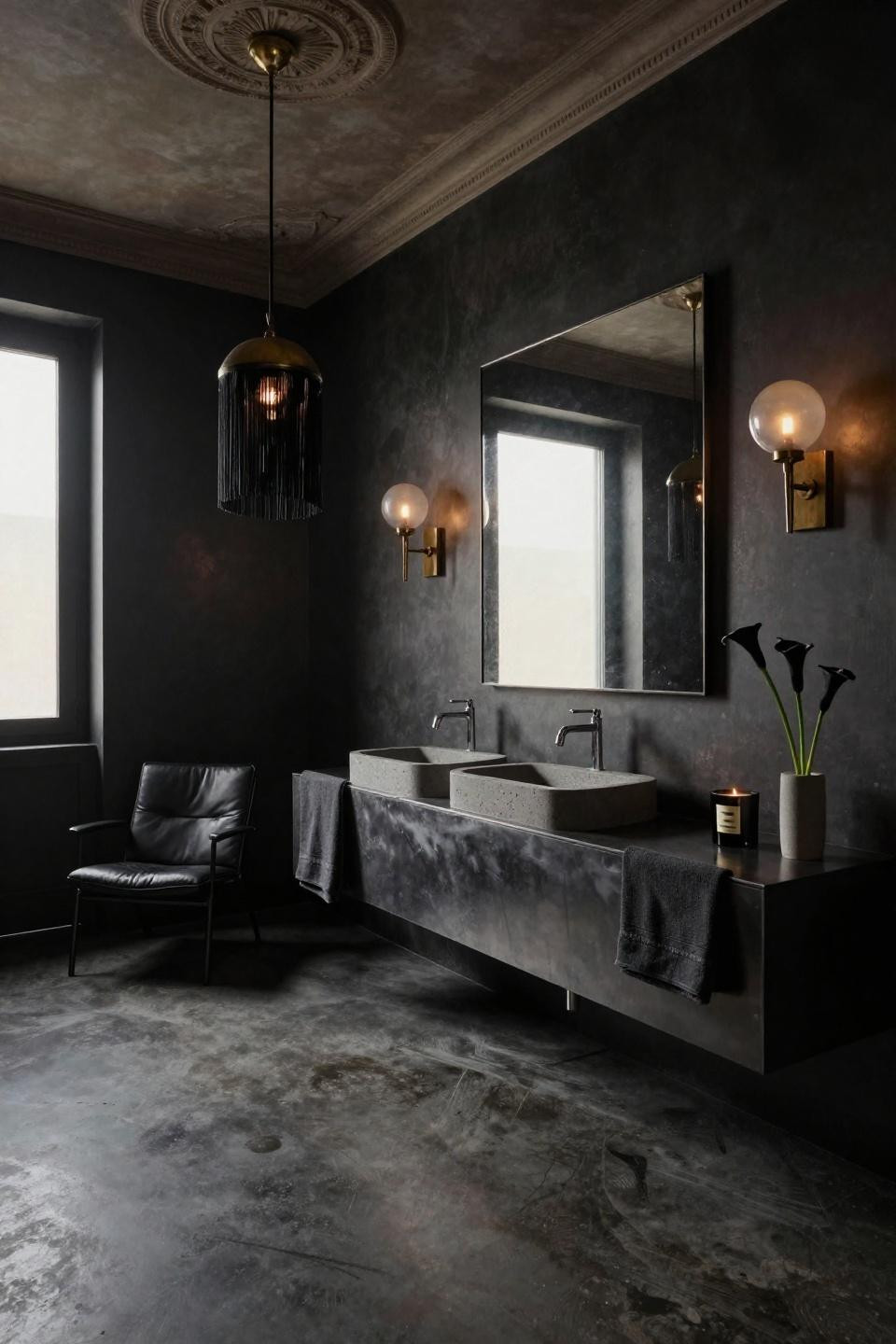 Moody powder bath with blackened steel floating vanity and polished concrete floors