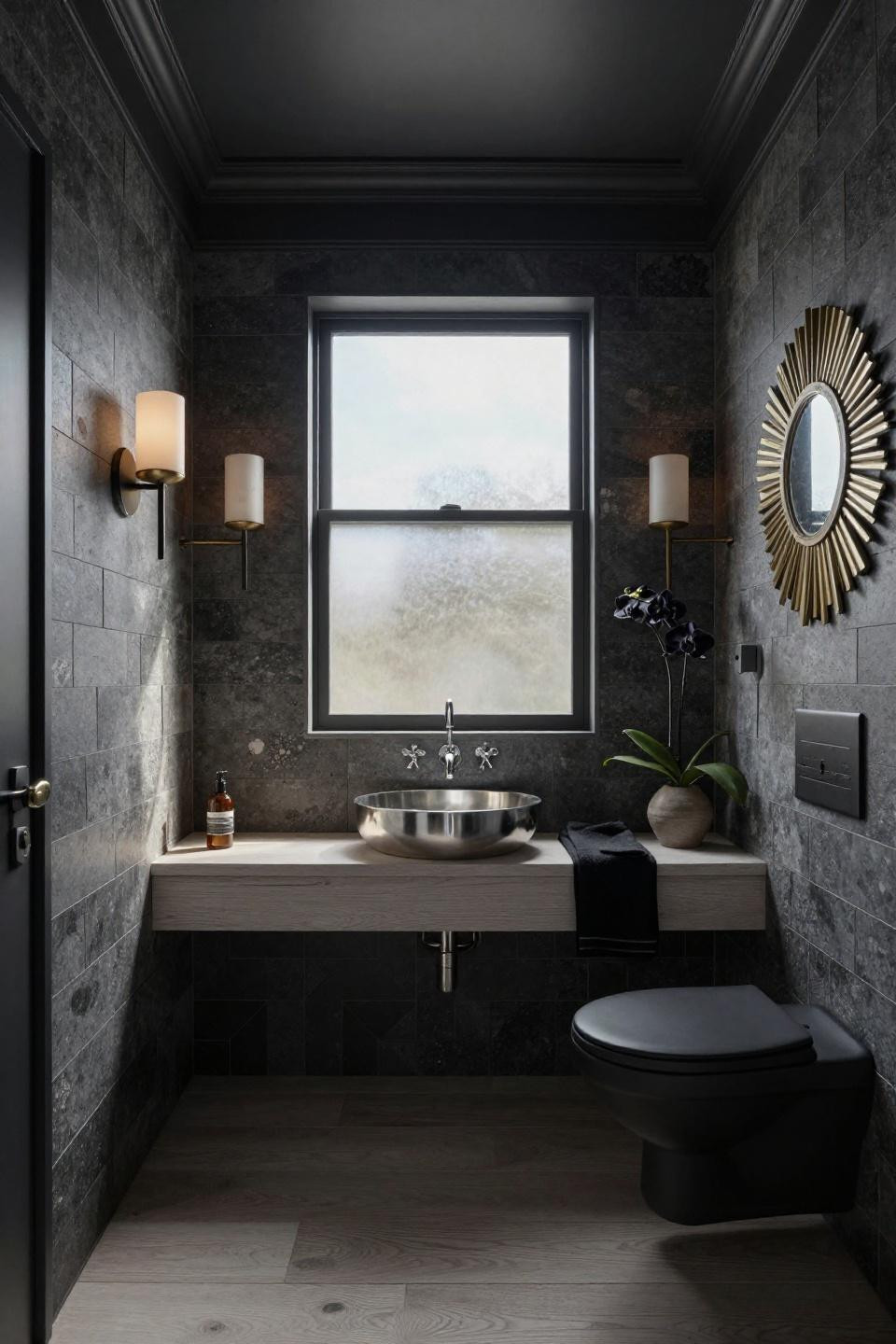 Statement powder room with Scandinavian meets Art Deco design and polished nickel fixtures
