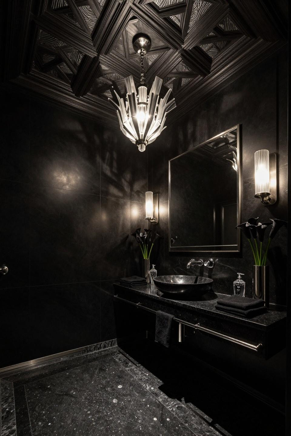 Moody small bathroom shot from floor level showing dramatic Art Deco ceiling lighting