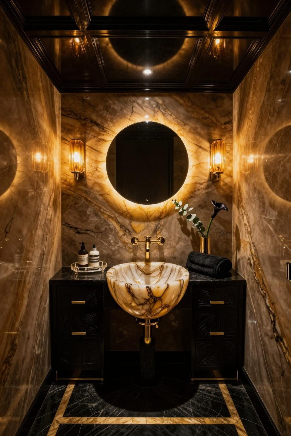 Dark powder room with overhead view of honey onyx vessel sink and gold leaf details