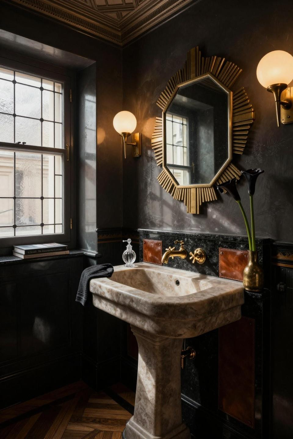 Moody powder bathroom with hand-carved black granite pedestal sink and leather panel backsplash