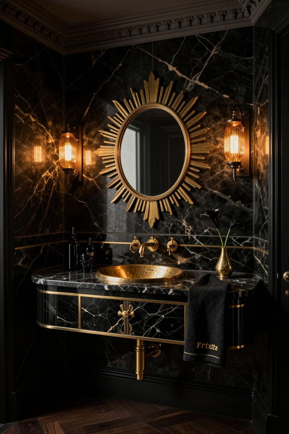 Small moody bathroom with backlit black onyx and ebony wood floating vanity