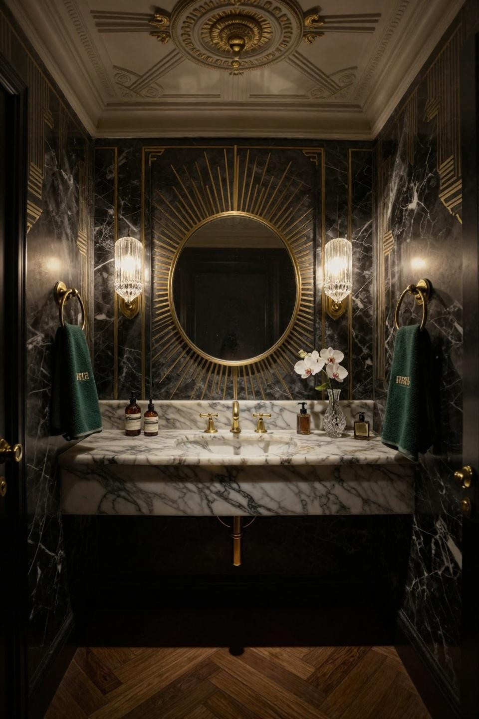Dramatic powder room with Noir Saint Laurent marble and brass sunburst mirror
