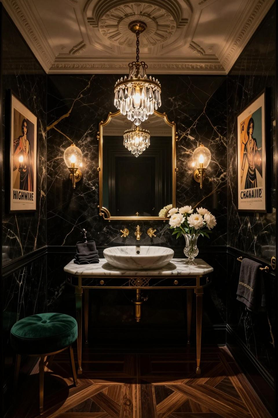 Moody powder room with backlit black onyx walls and brass fixtures in Parisian apartment