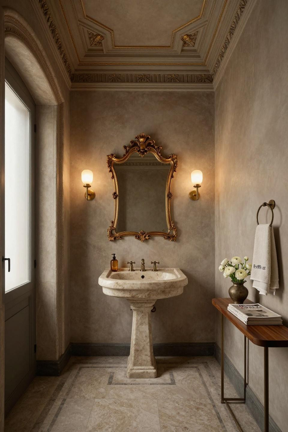 Half bathroom inspiration featuring travertine pedestal sink with aged bronze faucet