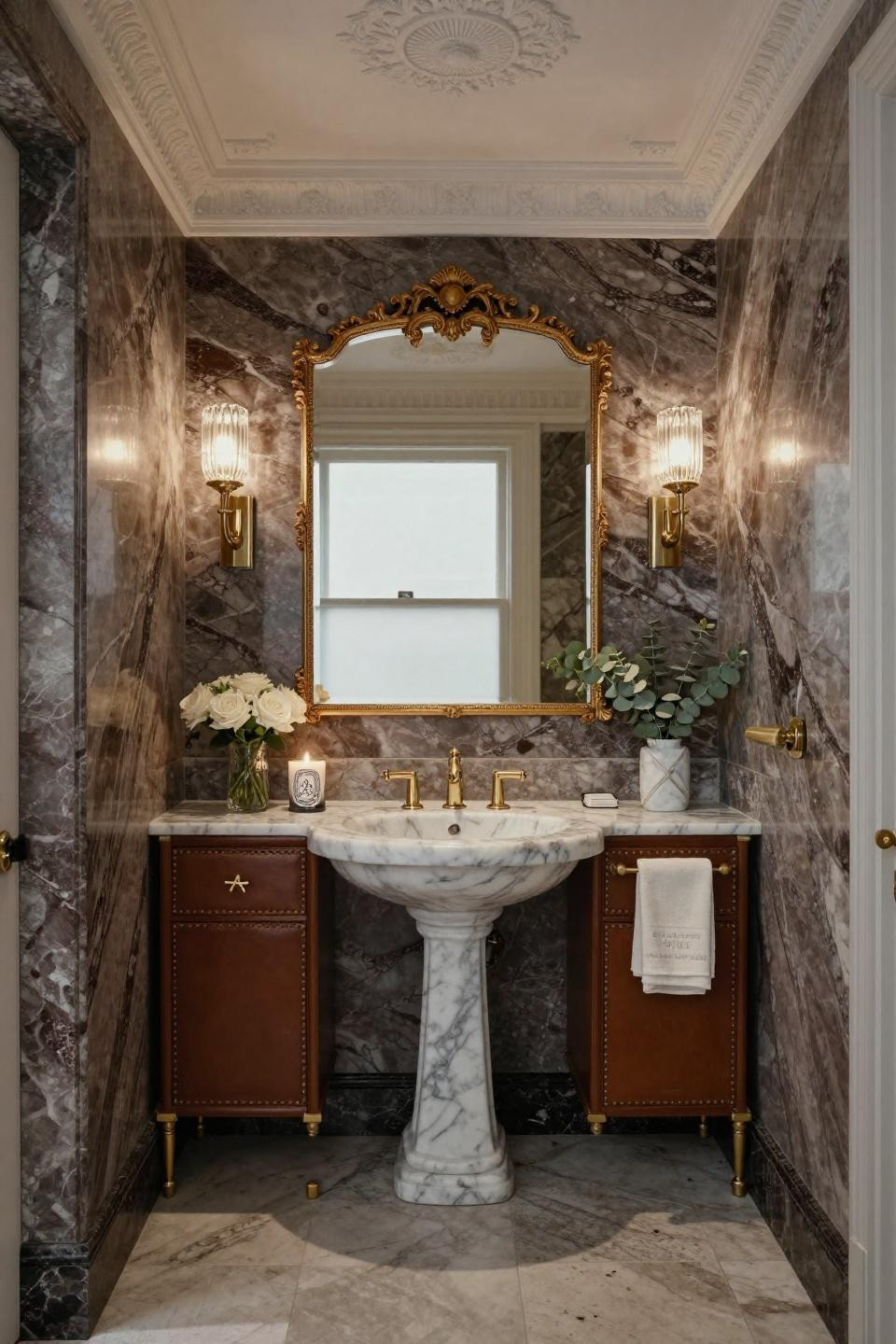 Powder room inspiration with Emperador Dark marble walls and carved Carrara pedestal sink