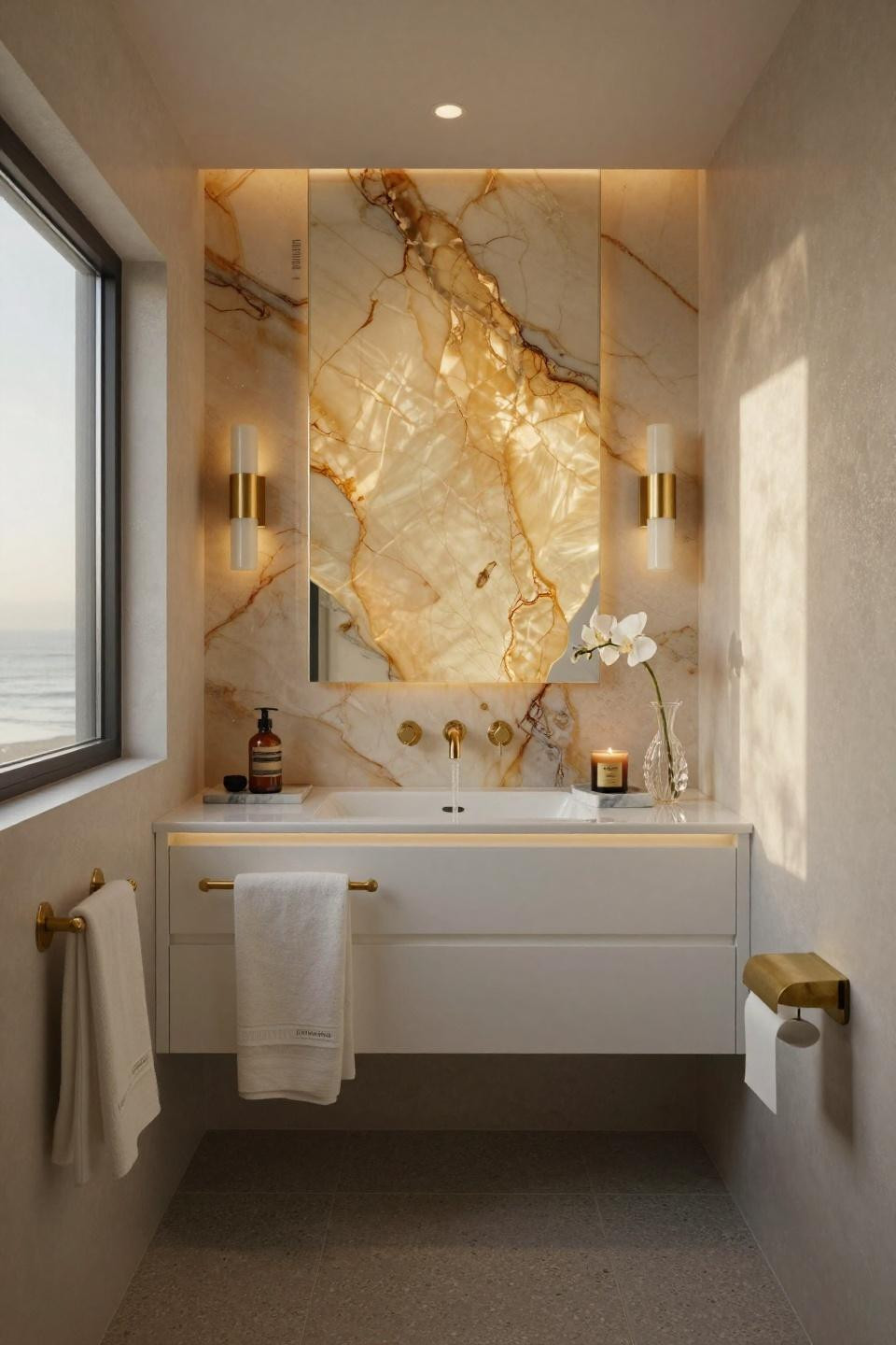 Powder bath ideas with backlit honey onyx vanity wall and brushed gold fixtures